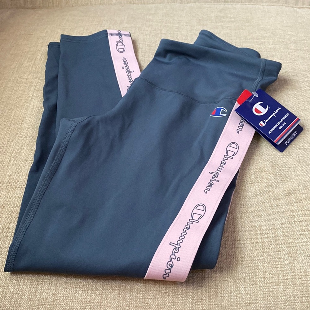 NWT Champion Women's High Rise Gray with Pink Stripe Leggings Size Small